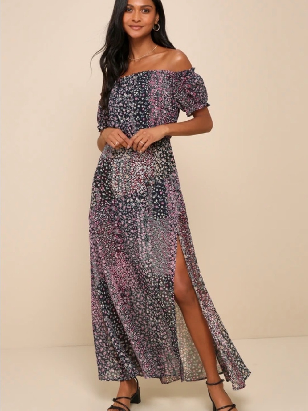 Lulu's Black & Pink Floral Off-Shoulder Maxi Dress